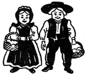 A cartoon Pa. Dutch couple, holding baskets.